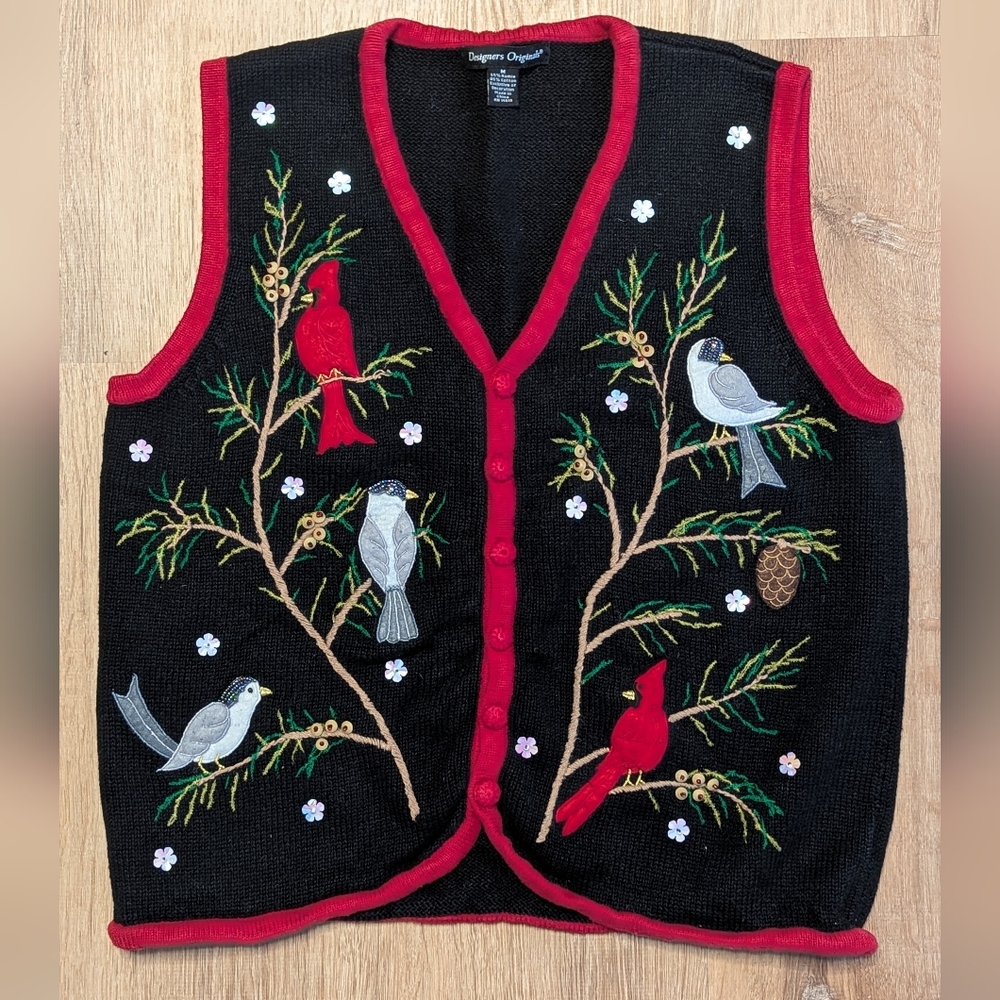 Designers Originals Holiday Bird Black and Red Embroidered Vest Medium